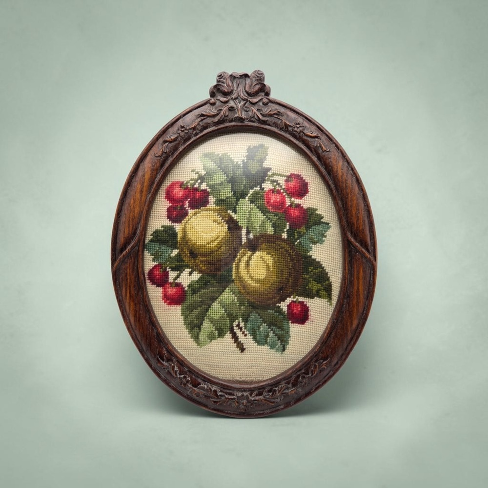 Vintage Oval Ornate Wood Framed Needlepoint Still Life Fruit Tabletop 13"x9.75"